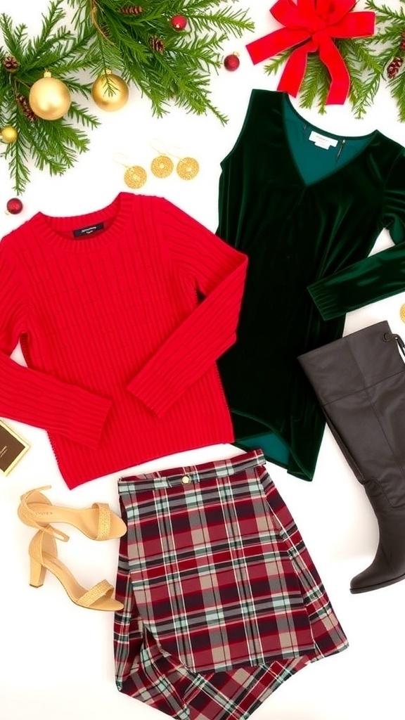 Flat lay of cute Christmas outfits with accessories and festive decorations.